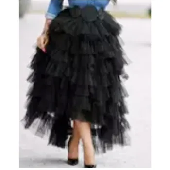 Moda Negru Niveluri Volane Ridicat Scăzut Tul Fuste Pentru Femei Frumoase 2017 Faldas Mujer Saias Elastic Personalizat Lung Fusta Tul