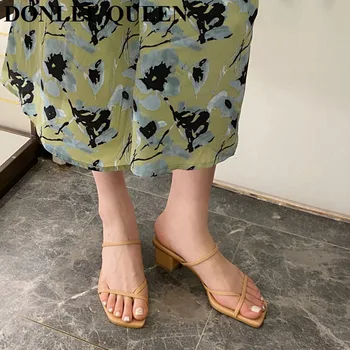 2021 Vara Sandale Femei Cu Toc Mic Papuci De Casă Alunece Pe Tobogane Cu Toc Patrat Papuci De Casă Brand Înguste Brand Sandale De Mari Dimensiuni 41 Flip Flops