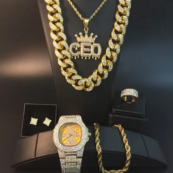 Bărbați De Lux De Culoare De Aur Watch & Colier & Braclete & Inel Si Cercei Combo Uita-Te La Set Colier Gheață Cubanez Hip-Hop Pentru Bărbați