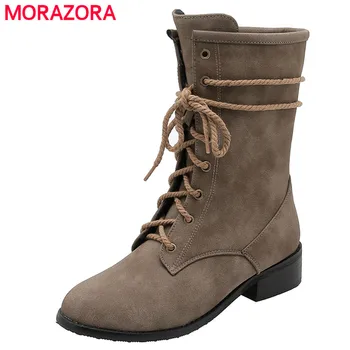 MORAZORA 2020 plus dimensiune 34 - 46 femei glezna cizme dantela-up vintage tocuri joase pantofi casual moda toamna iarna Cizme Scurte femei