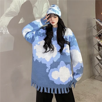 Toamna și iarna coreean Harajuku stil retro cer albastru nor alb jacquard liber pulover tricot gros