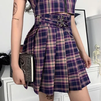 Goth Fată Întuneric Seturi pentru Femei Maneci Scurte Topuri Talie Mare Carouri Fusta Plisata Mini Streetwear JK Dulce Violet se Potriveste Femme Violet