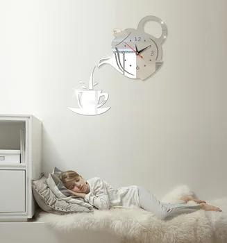 3D Arta de Perete Ceas Autocolante Acrilice Ceașcă de Cafea Ceainic Auto Adeziv Oglinda DIY Ceas de Perete Bucatarie Acasă Decorare Camera de zi