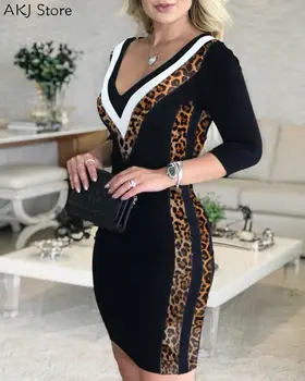 Femei Sexy Negre Leopard De Imprimare Cu Dungi Cu Maneci Lungi Rochie De Moda Elegant De Cauzalitate V-Neck Teaca Rochie Paiete