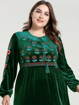 Adult Catifea Rochie Lunga Indie Folk Verde Broderie Musulman Rochii Casual Haine Islamice pentru Femei Dubai Abaya Glezna-Lungime