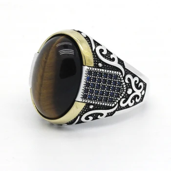 Autentic argint antic turc inel cu piatra ochi de tigru bărbați colorate punk rock bijuterii
