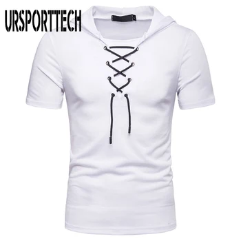 Hipstter Hooded T Shirt Pentru Bărbați Iacobit Ghillie V Gât De Sex Masculin Alb Negru Bandaj Topuri Casual Fit Maneca Scurta Strada Purta Camiseta
