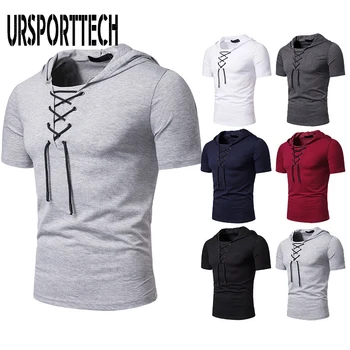 Hipstter Hooded T Shirt Pentru Bărbați Iacobit Ghillie V Gât De Sex Masculin Alb Negru Bandaj Topuri Casual Fit Maneca Scurta Strada Purta Camiseta
