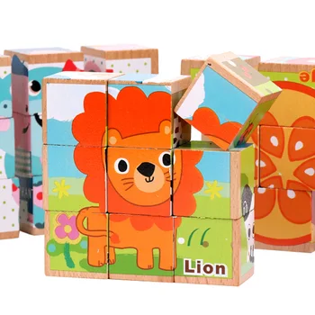Jucărie copil bloc de Lemn, tocător din Lemn cuburi Animale de Fructe de Trafic 9pcs 6 partea jucarii Educative pentru Copii de Învățare Cadouri