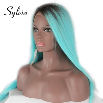 Sylvia Albastru Sintetice Peruci Fata Dantelă Cu Rădăcini Întunecate Partea De Mijloc Mătăsos Lung Direct Rezistente La Căldură Fibra De Par Pentru Femei