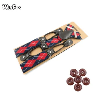 Winfox Vintage Negru, Visiniu, Kaki 3.5 cm Lățime Carouri Bretele Barbati din Piele Buton Bretele Pantaloni Bretele de sex Masculin
