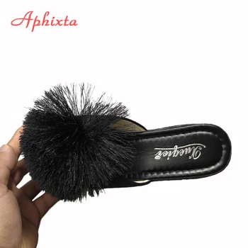 Aphixta Hairball 3.54 inch/9cm Tocuri Pană Catâr Negru Tobogane de Plaja cu Platforma Femei Papuci Sandale Feminine Bloca Pantofi Femei
