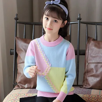 Fete Pulovere 3-15 Ani pentru Copii Haine groase coreean Mozaic O-Gât Haine pentru Copii Toamna Iarna Bottom Pulover Fata