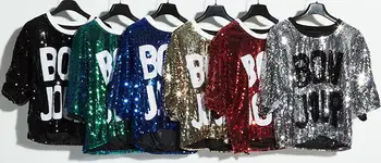 BON JOUR Femei Hip Hop Street Dance Jazz Pub-Baruri Costume Vrac Supradimensionate Scrisoare Paiete Paillette Cutiuta T-Shirt Top Tee
