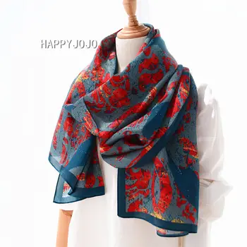 Hangzhou lux mătase naturală imprimată mult albastru eșarfă pentru femei cu pasăre poza reale mantie de mătase șal eșarfă cadou pentru doamna