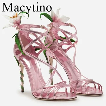 Flori de vara sandale femei lily impodobita tocuri strappy cruce pompe de frunze sexy pantofi de nunta zapatos mujer