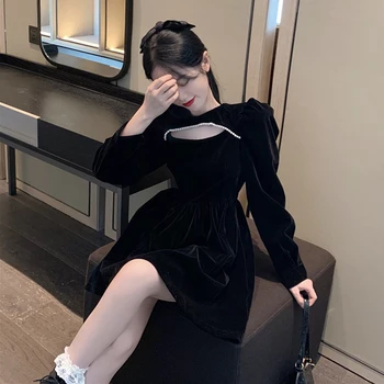 Franceză Catifea Scurta cu Maneci Lungi Rochie Neagră Sexy Femei Hollow Out Rochie de Designer 2020 Primăvară coreean singură bucată de sex Feminin Rochie de Petrecere