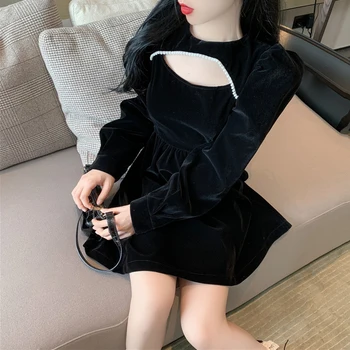 Franceză Catifea Scurta cu Maneci Lungi Rochie Neagră Sexy Femei Hollow Out Rochie de Designer 2020 Primăvară coreean singură bucată de sex Feminin Rochie de Petrecere