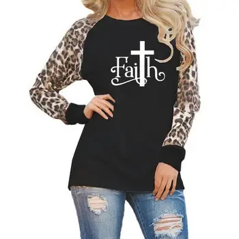 New Sosire Leopard Print cu Maneci Lungi T-Shirt T-Shirt pentru Femei Credință Scrisori Plus Dimensiune Topuri Tricou Femei Femme Vara din Bumbac