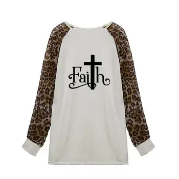 New Sosire Leopard Print cu Maneci Lungi T-Shirt T-Shirt pentru Femei Credință Scrisori Plus Dimensiune Topuri Tricou Femei Femme Vara din Bumbac