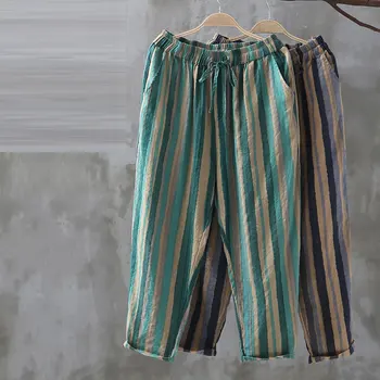Moda de vara Femei Pantaloni Plus Dimensiune Liber Casual, Talie Elastic cu Dungi Pantaloni Harem Vintage Lenjerie de pat din Bumbac Glezna-lungime Pantaloni D125