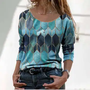 Femei Vintage Geometrice Imprimare Tricouri Bluza De Primavara Toamna Casual, O-Neck Pulover Topuri Doamnelor Nou Elegant Cu Maneci Lungi Vrac Blusa