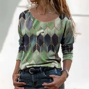 Femei Vintage Geometrice Imprimare Tricouri Bluza De Primavara Toamna Casual, O-Neck Pulover Topuri Doamnelor Nou Elegant Cu Maneci Lungi Vrac Blusa