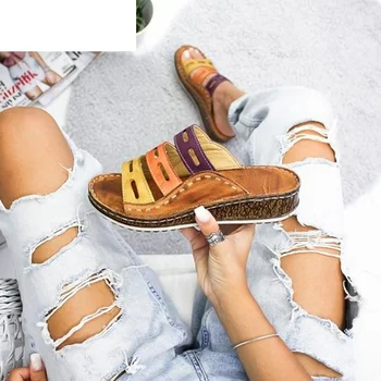 Moda Femei Papuci de Vara Alunecare pe Sandale, Pantofi Casual, de culoare mixt Piele Moale, Papuci de sex Feminin Retro Flip-Flops Pantofi 2020
