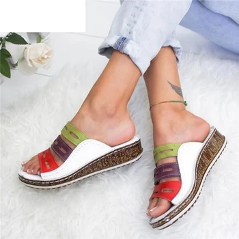 Moda Femei Papuci de Vara Alunecare pe Sandale, Pantofi Casual, de culoare mixt Piele Moale, Papuci de sex Feminin Retro Flip-Flops Pantofi 2020