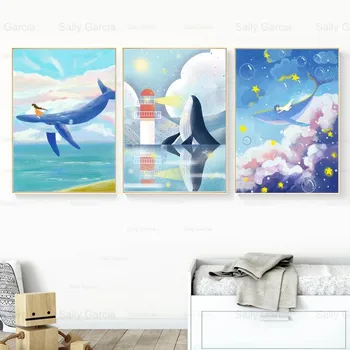 Fantezie Balena Călătoresc Panza Pictura Stele De Mare Nori Copil Poster De Arta Tapet Camera Pentru Copii Decor Ambarcațiuni De Imprimare Imagine