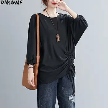 DIMANAF 2020 Plus Dimensiune T-Shirt Femei Topuri de Bumbac Moale, cu Maneci Lungi Centura Stil Casual Stil Vintage Supradimensionat Noi 2021 Elegant Tees