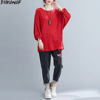 DIMANAF 2020 Plus Dimensiune T-Shirt Femei Topuri de Bumbac Moale, cu Maneci Lungi Centura Stil Casual Stil Vintage Supradimensionat Noi 2021 Elegant Tees