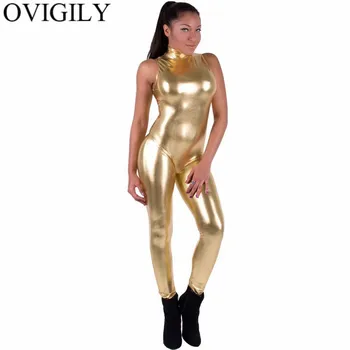 OVIGILY Femeile de culoare Metalică fără Mâneci Salopeta Catsuit Strălucitoare Guler Salopete Body pentru dans Aur Dans Salopete Fete