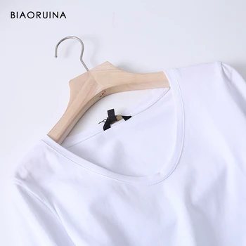 BIAORUINA Femei Bumbac Bază All-meci V-neck T-shirt cu Maneca Lunga Stil coreean Slim de zi cu Zi Teuri Topuri Casual
