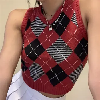 2020 Argyle Carouri Tricotate Rezervor de Top de sex Feminin Tricotaje Stil Preppy Y2K Haine V Gât Casual Cultură Vestă 90 Streetwear