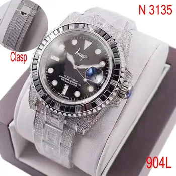 En-gros de gheață top ceas negru-submarin clasa Diamante Complete catarama de sticlă de safir automatic ETA Noob 3135 mișcare 1:1