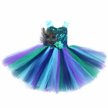 Sequin Copii Păun Haine pentru Fete de Genunchi Lungime Sclipici Halloween Costum de Carnaval Floare Fata Rochii cu Pene Bentita