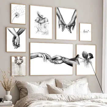 Alb Negru Romantic Mână În Mână Panza Pictura Dragoste Citate Arta De Perete Poster De Imprimare Imagine De Moda Cupluri Iubitorii De Cameră Decor
