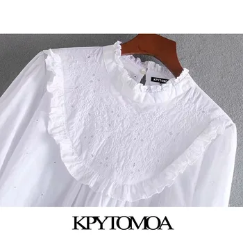 KPYTOMOA Femei 2020 Dulce Moda Gol Afară de Broderie Ciufulit Bluze Vintage O Gatului Maneca Lunga Femei Tricouri Blusa Topuri Chic