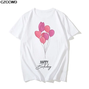 Fericit Ziua de naștere Scrisoare Harajuku Tricou Femei Kawaii Baloane de Imprimare T-shirt Modă Plus Dimensiune Casual Tricou de Moda de Top Teuri de sex Feminin
