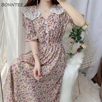 Femei rochie Moale V-gât Lace Design Tunica de Vara Vintage Ulzzang Sifon Streetwear Femei Minunate Populare Ins Elegant de Imprimare