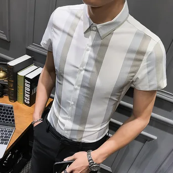 2019 Vara tricou cu Dungi Bluza Casual Slim Fit Barbati Tricou Maneca Scurta Camasi Singur Pieptul Topuri coreean de Afaceri de sex Masculin Camisa