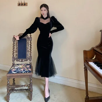 Rochie de catifea pentru Femei pentru Toamna si Iarna 2020 Nou Retro Hepburn Stil de Rochie Little Black Slim Fit Slabire Talie Rochie de Teaca