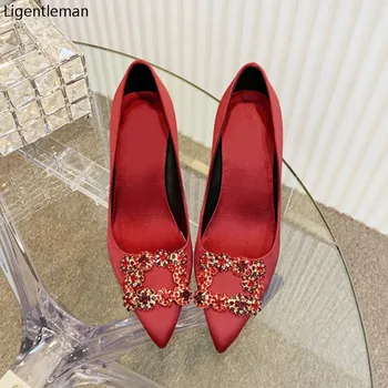 Satin Rosu Pietre Pantofi Cu Tocuri De Femeie De Bază Pompe Sintetice Cristal De Diamant De Mireasa Pantofi De Moda De Petrecere Femei Pantofi Pompe