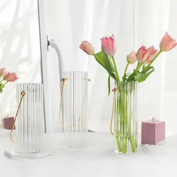 Mâner De Metal Vaza De Flori Din Sticlă Container De Flori Artistic Tub Simplu Suport Pentru Flori Decor De Masă De Sticlă Transparentă Vaza