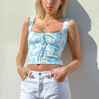 Femei Print Bandaj Sexy Culturilor Topuri de Vară de Moda pentru Femei fără Mâneci Rezervor Topuri Drăguț Camis Tie-detaliu Streetwear Harajuke Topuri
