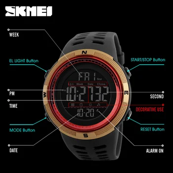 SKMEI Brand Barbati Ceasuri Sport Multifuncțional Ceasuri Ceas cu Alarmă cu LED-uri Impermeabil Ceas Digital 1251 Militare Relogio Masculino