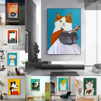 Animale de Desene animate amuzante Pisica Frizer Postere Moderne Nordic Panza Pictura de Perete de Arta, Printuri de Imagine pentru Copiii de Grădiniță Copil de Cameră Decor