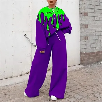 Violet Imprimare Vrac Streetwear Subțire Tricoul Două Piese de Costume pentru Femei Trening cu Maneca Lunga Crewneck Pantaloni Plus Dimensiune Toamna