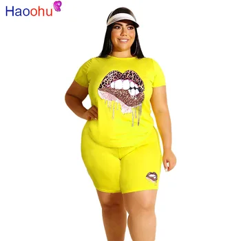 HAOOHU Plus Dimensiune XL-5XL de Vară 2020 Femei Seturi Treninguri Maneca Scurta Top Pantaloni de Costum din Două Piese Set Print Casual Tinute Fitness